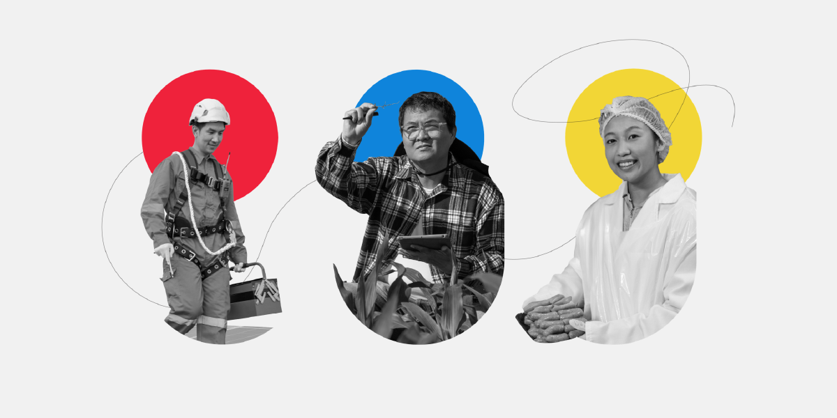 Three people representing different skilled trades and sectors—an industrial worker, an agricultural technician, and a food scientist—shown in black and white with red, blue, and yellow circular backgrounds connected by thin lines.