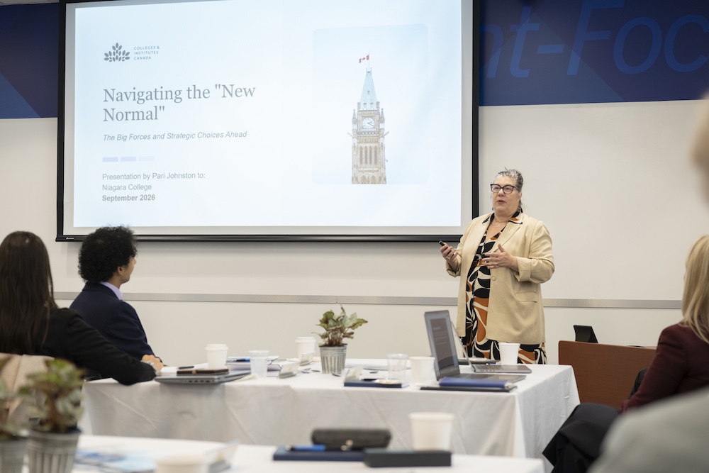 Pari Johnston presenting to the Board of Directors of Niagara College, Ontario.